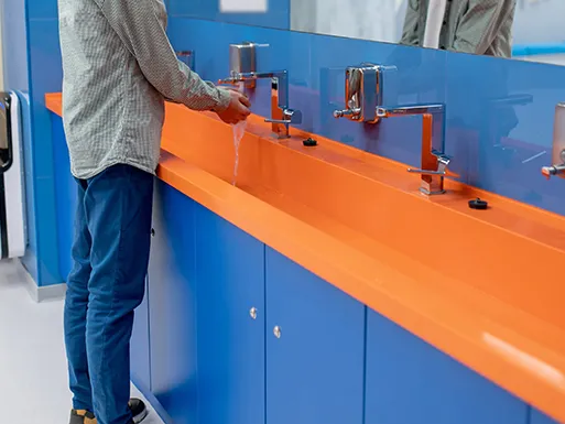 Our range of solid surface products comes in a variety of vibrant colours, appealing to younger children in primary schools and nurseries throughout the UK. Additionally, stainless steel wash troughs are available.
